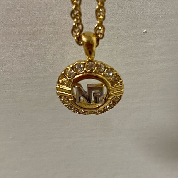 Nina Ricci Signed Gold Plated Necklace with Gold/Silver Logo Pendant/Crystals. - Picture 4 of 9
